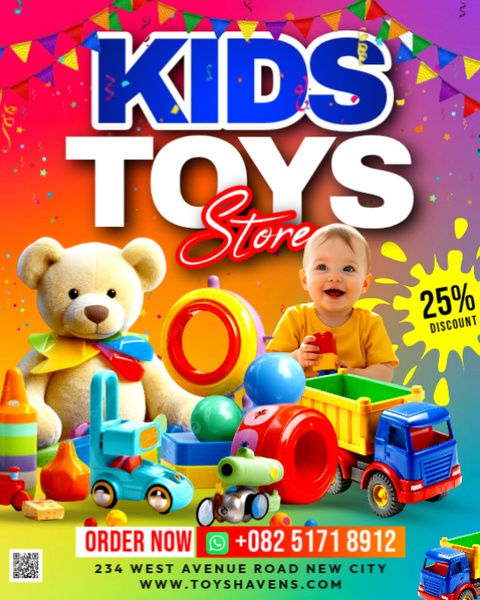 A festive, high-energy promotional ad for a toy store featuring a baby and a variety of colorful toys with a prominent discount call-out.