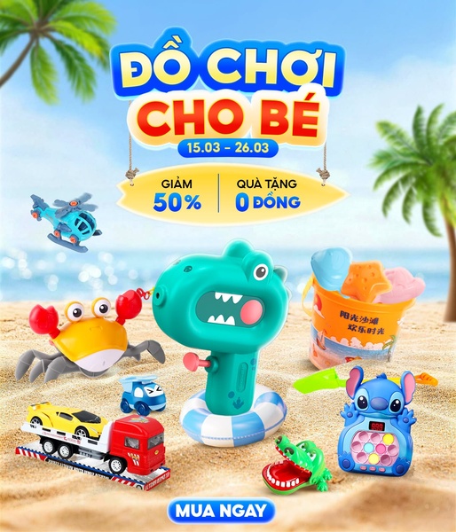 A vibrant 4:5 ratio ad creative featuring a diverse collection of summer toys on a beach background, highlighting a 50% discount and free gifts.
