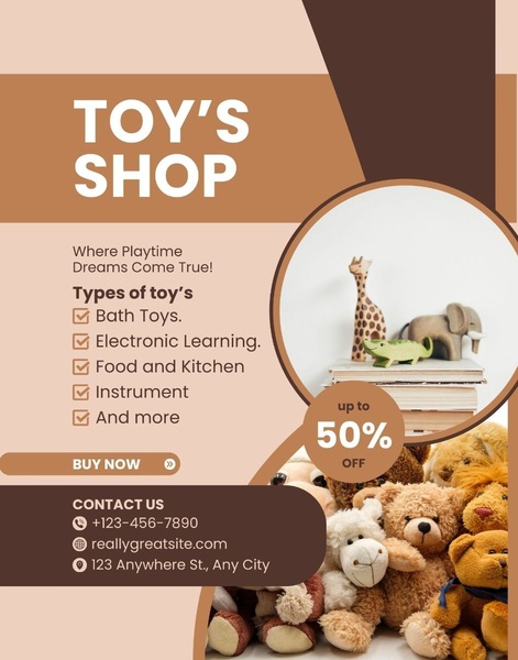 A clean, warm-toned 4:5 promotional ad featuring a prominent up to 50% off discount offer for a variety of toys.