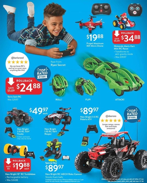 A high-density retail circular layout showcasing multiple remote-controlled toy vehicles with specific discounted price points and social proof.