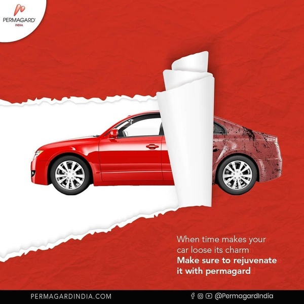 A square ad creative featuring a red car split by a torn-paper effect, showing a clean side and a dirty side to demonstrate the coating's effectiveness.