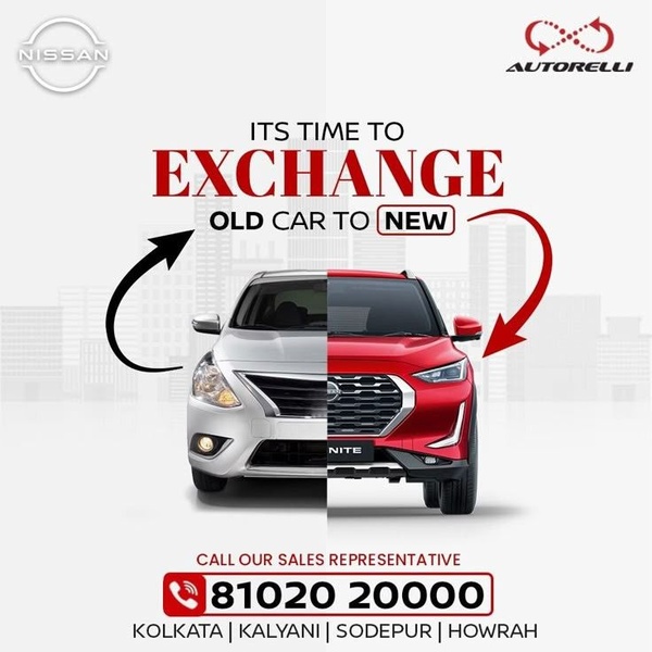 This creative uses a split-screen visual to show the transition from an older model to a new Nissan, highlighting the ease of vehicle replacement.