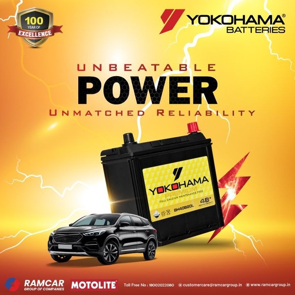 A high-contrast ad featuring an automotive battery alongside a car, using lightning imagery to emphasize power and reliability.