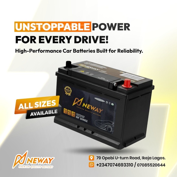 A high-contrast 1:1 square graphic featuring a car battery with bold typography emphasizing reliability and product availability.