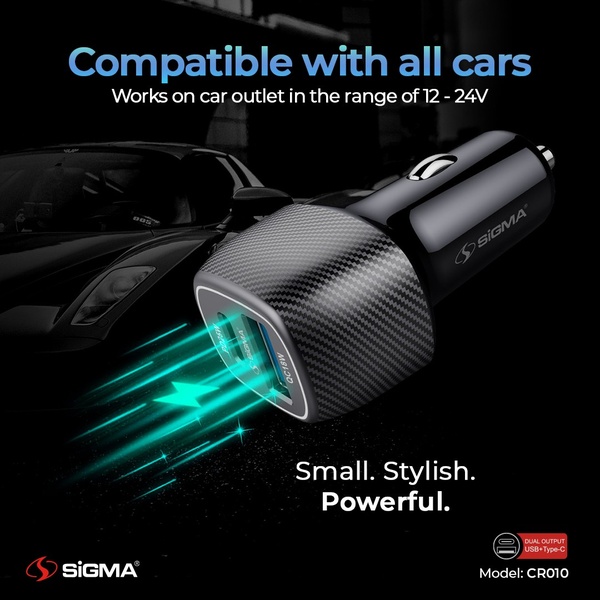 A high-contrast visual showcasing a dual-port car charger with a sleek carbon fiber finish against a dark, moody automotive backdrop.