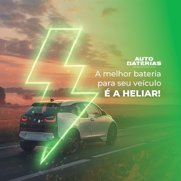 A square ad featuring a car on a road at sunset, overlaid with a bright, glowing green lightning bolt graphic to emphasize power and electrical performance.