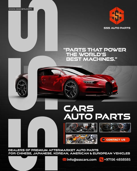 This static creative showcases a high-performance sports car alongside a selection of essential automotive components.