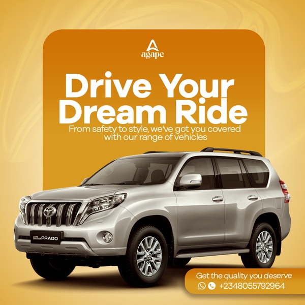 A high-impact 1:1 image featuring a silver Toyota Land Cruiser Prado with a bold headline focusing on dream vehicle ownership.