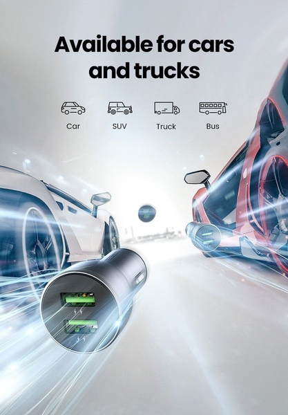 A high-energy, motion-blurred hero shot of a dual-port car charger positioned between a car and a truck to demonstrate wide vehicle compatibility.