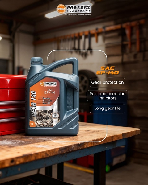 This creative showcases the Powerex Gear 140 lubricant in a workshop environment with clear callouts for gear protection, rust resistance, and longevity.