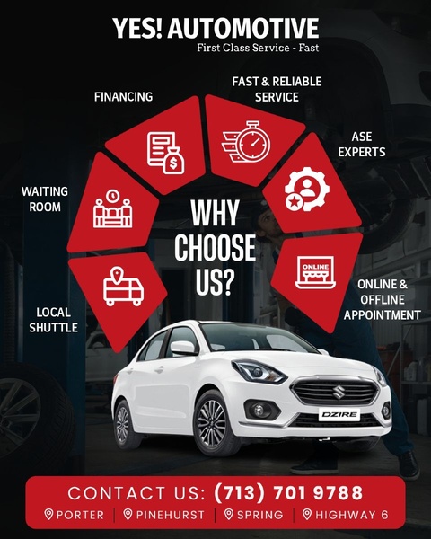 A high-conversion automotive service flyer highlighting six core benefits with a centered vehicle and strong call to action.