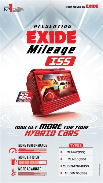 A high-contrast, informative creative displaying a premium automotive battery specifically designed for hybrid vehicle performance and durability.
