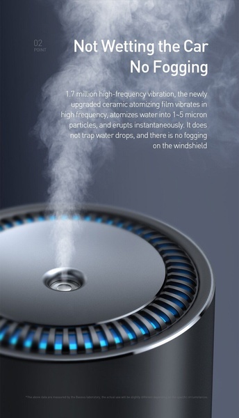 A close-up product shot of a car humidifier emitting a fine mist, emphasizing high-frequency atomization technology that avoids windshield fogging.