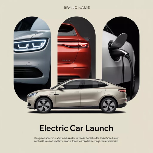A clean, minimalist advertisement for an electric vehicle featuring a multi-panel composition and a central side-profile hero shot.