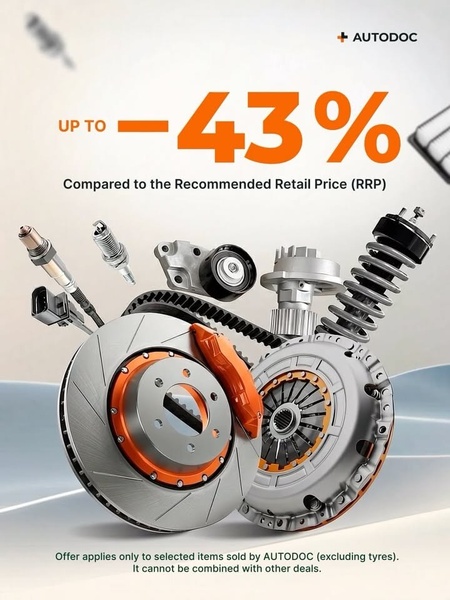 A clean, high-contrast promotional graphic featuring a collection of essential car spare parts and a bold percentage discount callout.