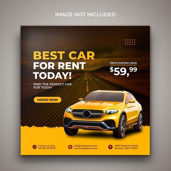 A square-format ad creative featuring a high-contrast yellow and black theme, showcasing a rental car alongside a clear pricing hook.