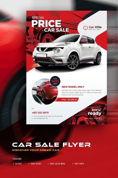 A high-impact promotional flyer for a car sale, featuring a central vehicle shot, aggressive red-and-white color palette, and clear offer highlights.