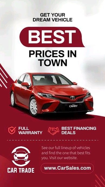 A vertical offer-driven ad featuring a bold color palette to highlight vehicle pricing and financing deals.