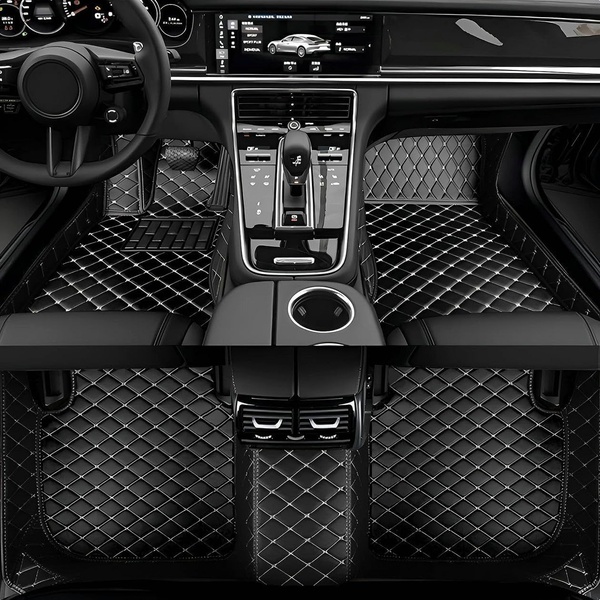A high-clarity 1:1 view of custom diamond-stitched car floor mats installed in a premium vehicle, focusing on craftsmanship and fit.