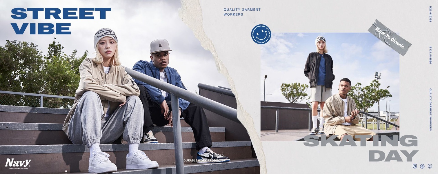 streetwear outfit, urban clothing, casual activewear, jogger pants, bomber jacket, sweatshirt set, brand awareness, new arrival, lifestyle, outdoor, bold, energetic, blue, neutral