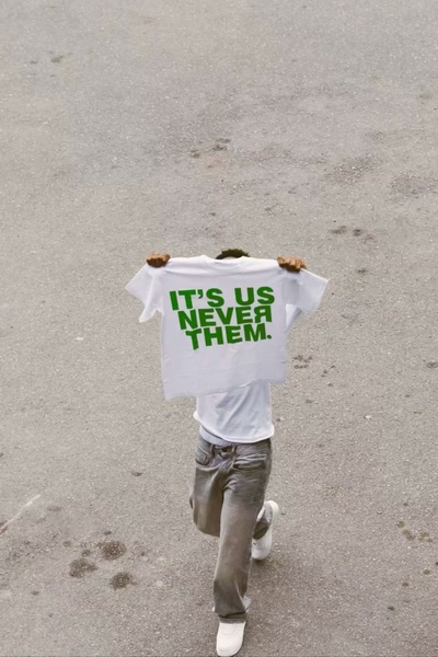 graphic tee, printed t-shirt, statement shirt, graphic shirt, slogan tee, text print shirt, brand awareness, new arrival, outdoor, lifestyle, bold, energetic, neutral, green, white
