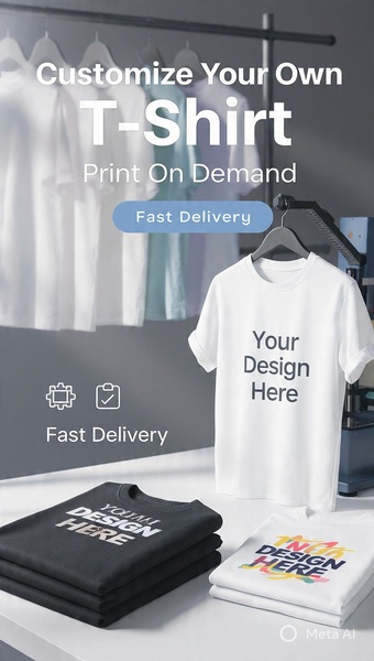 custom t-shirt, print on demand shirt, personalized t-shirt, custom printed tee, design your own shirt, custom apparel, product launch, brand awareness, lifestyle, minimalist, trustworthy, fresh, neutral, black, blue