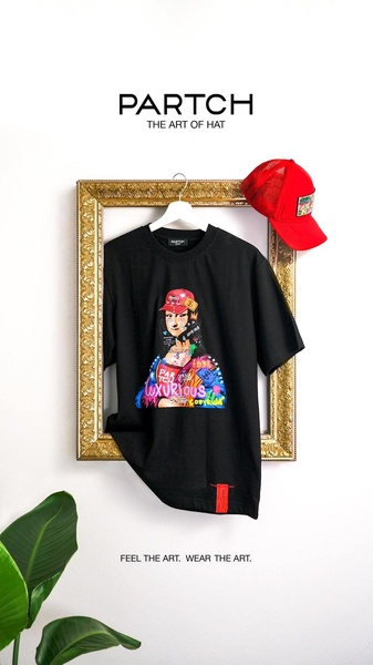 graphic tee, printed t-shirt, graphic shirt, art print tee, designer t-shirt, statement shirt, new arrival, brand awareness, minimalist, editorial, bold, energetic, black, neutral, red