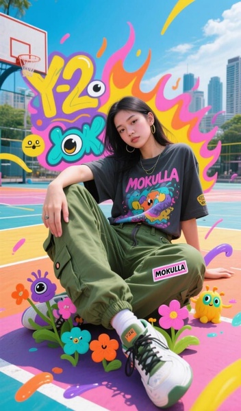 cargo pants, graphic tee, streetwear outfit, jogger pants, oversized t-shirt, casual outfit set, new arrival, brand awareness, lifestyle, outdoor, energetic, playful, green, pink, yellow