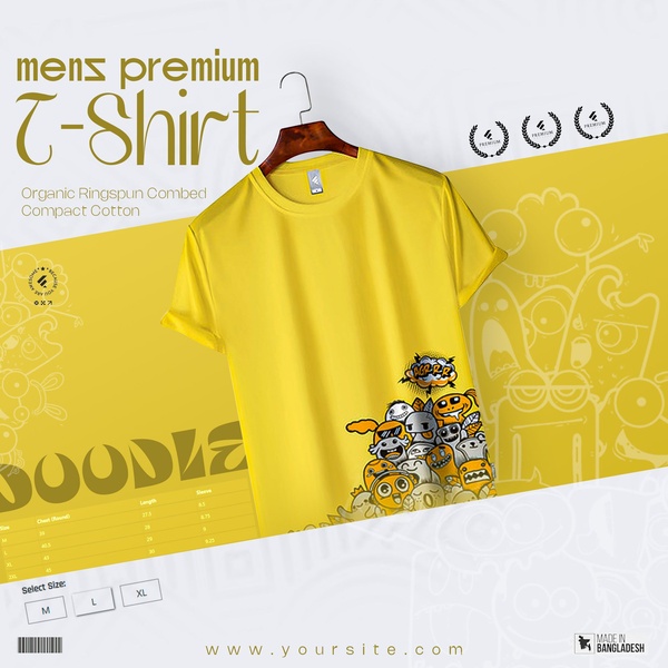 graphic t-shirt, printed tee, crew neck t-shirt, cotton t-shirt, doodle print shirt, new arrival, product launch, minimalist, modern typography, playful, bold, yellow, neutral, gold