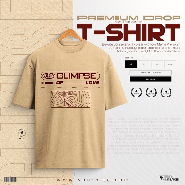 graphic tee, oversized t-shirt, printed t-shirt, cotton t-shirt, drop shoulder tee, streetwear shirt, product launch, new arrival, minimalist, modern typography, bold, trustworthy, neutral, brown, red