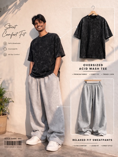 outfit set, oversized t-shirt, sweatpants, casual clothing set, tracksuit set, lounge wear set, new arrival, product launch, lifestyle, editorial, fresh, calm, neutral, black