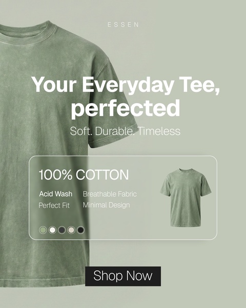 t-shirt, cotton tee, crew neck shirt, graphic tee, basic tee, short sleeve shirt, product launch, brand awareness, minimalist, modern typography, fresh, calm, green, neutral