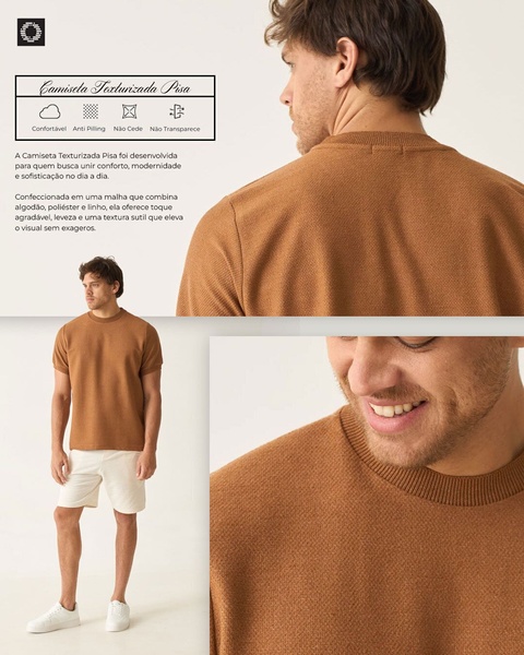 textured t-shirt, knit t-shirt, crew neck shirt, cotton t-shirt, short sleeve shirt, casual t-shirt, product launch, brand awareness, lifestyle, minimalist, calm, trustworthy, brown, neutral