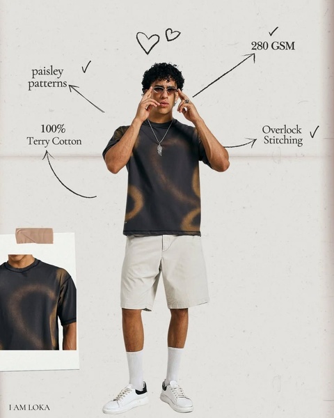 graphic tee, oversized t-shirt, printed t-shirt, cotton t-shirt, crew neck tee, streetwear t-shirt, product launch, brand awareness, lifestyle, editorial, bold, energetic, neutral, black, brown