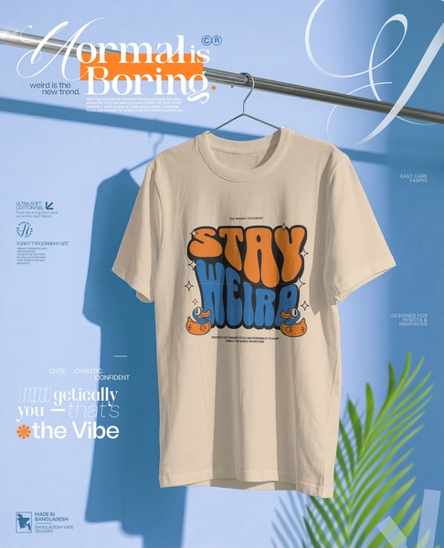 graphic tee, printed t-shirt, graphic t-shirt, statement shirt, novelty tee, unisex t-shirt, new arrival, brand awareness, editorial, modern typography, playful, bold, blue, orange, neutral