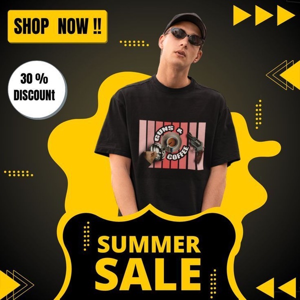 graphic tee, printed t-shirt, oversized t-shirt, graphic shirt, crew neck tee, statement t-shirt, sale promotion, limited time deal, modern typography, lifestyle, energetic, bold, yellow, black, summer sale