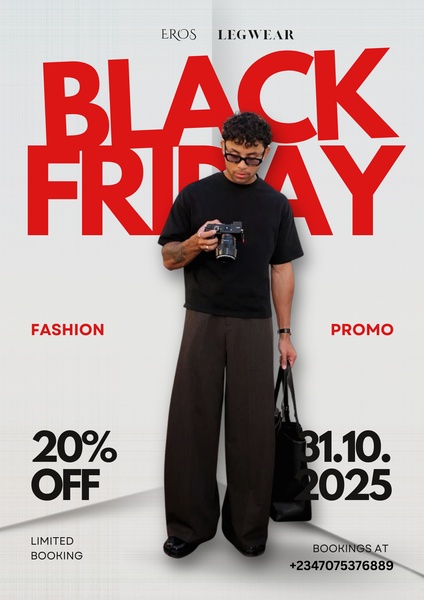 A high-contrast 3:4 portrait ad featuring a centered model with professional photography and clear, bold text overlays for a Black Friday offer.