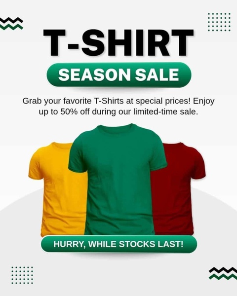 t-shirt, crew neck tee, plain t-shirt, basic tee, short sleeve shirt, cotton t-shirt, sale promotion, limited time deal, minimalist, modern typography, energetic, bold, green, yellow, red