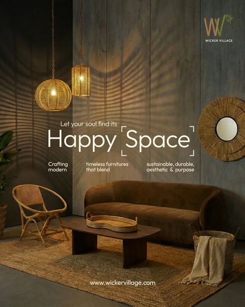 A high-quality 4:5 image showing a curated living room set with a sofa, accent chair, and wicker lighting, focusing on natural tones and emotional comfort.