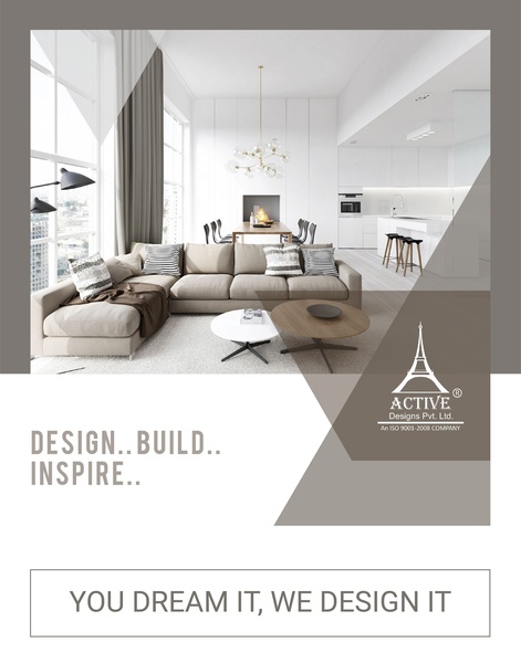 A high-end interior design ad featuring a bright, modern living space with a sophisticated neutral color palette and minimalist branding.