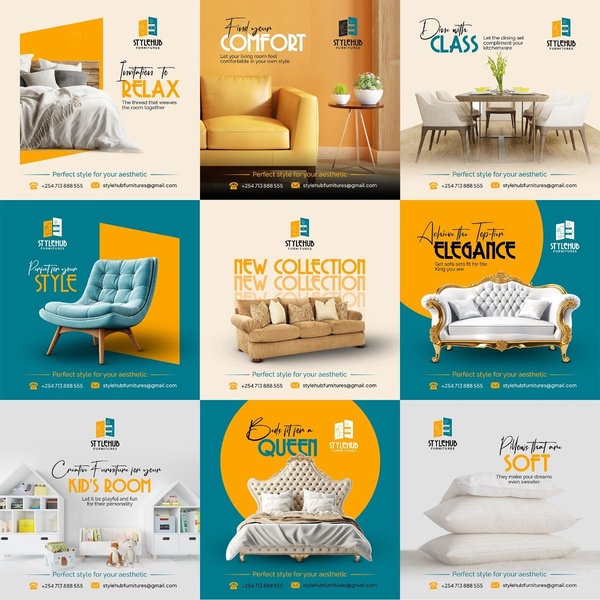 A collection of 1:1 square ad creatives featuring various furniture items styled with consistent branding, typography, and color-blocked backgrounds.