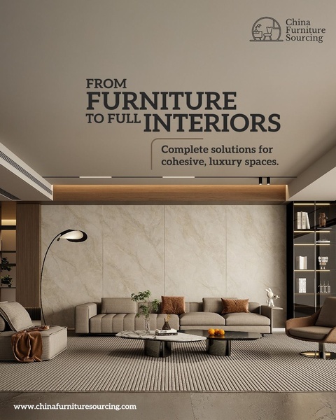 A sophisticated, minimalist advertisement for a furniture brand that highlights their transition from selling individual pieces to offering complete interior design services.