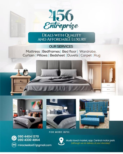 This ad creative uses a clean 4:5 grid layout to showcase a primary bed product alongside a secondary service listing and image gallery.
