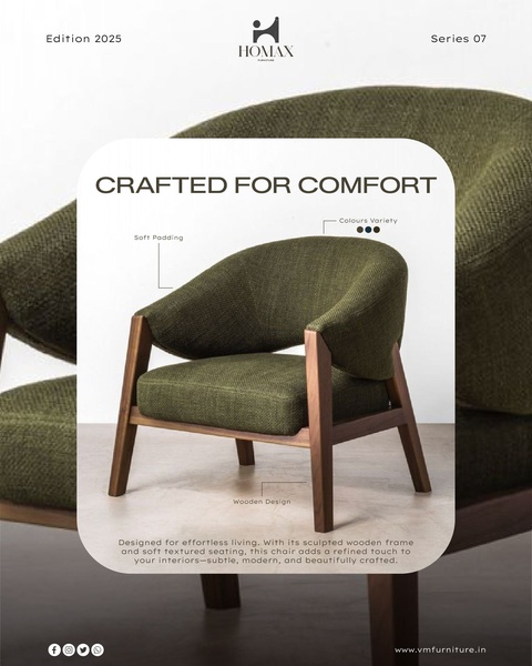 A clean, minimalist product display of an armchair using call-out lines to emphasize specific material features like padding and wooden design.
