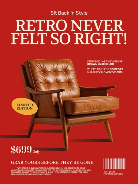 A high-impact ad featuring a vintage-style brown chair on a solid red background with clean typography and a clear price point.