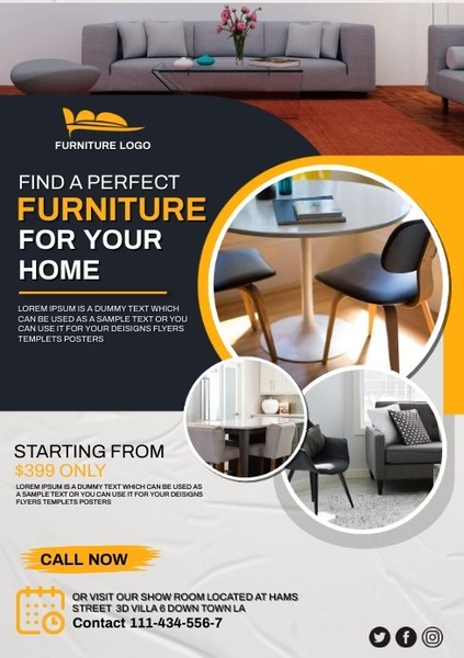 A clean, grid-based flyer for a furniture store featuring interior room shots and a clear starting price offer.
