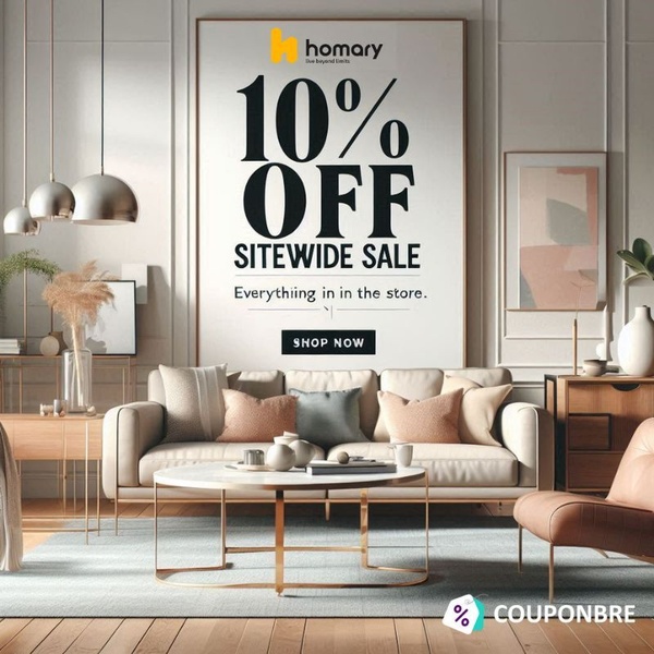 A 1:1 square graphic featuring a modern living room scene with bold typography promoting a 10% off store-wide sale.