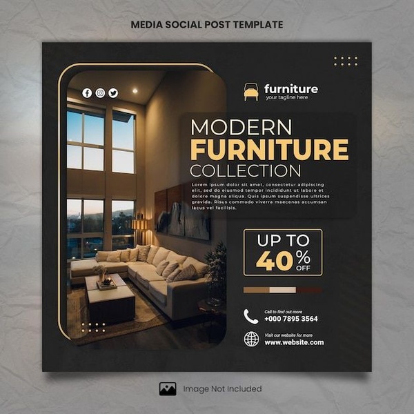 A square ad template highlighting a premium living room interior with a bold headline and a clear 40% off discount offer.