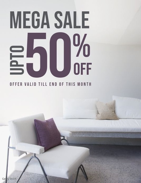 A high-contrast, clean-layout creative for a furniture sale, focusing on clear typography and aspirational product placement.