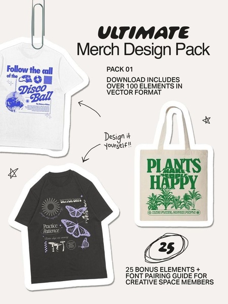 merch design pack, graphic design bundle, vector design elements, t-shirt design kit, digital design assets, printable design pack, product launch, bundle offer, flat lay, modern typography, playful, fresh, neutral, green, blue
